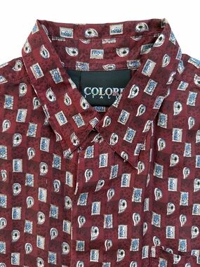 Colore Italia Silk Maroon Paisley Print Short Sleeve Button Front Shirt, M